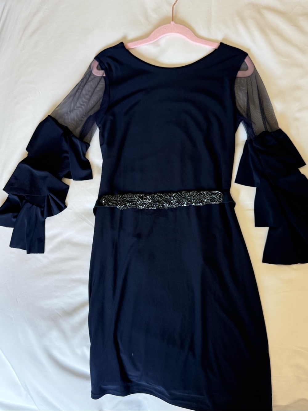Girls size 12 Un Deux Trois Navy Blue Ruffle Mesh Sleeve Formal Dress